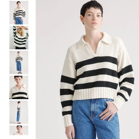 Quince 100% Organic Cropped Cotton Polo Sweater Cream Black Collared Preppy Sm - Picture 1 of 6